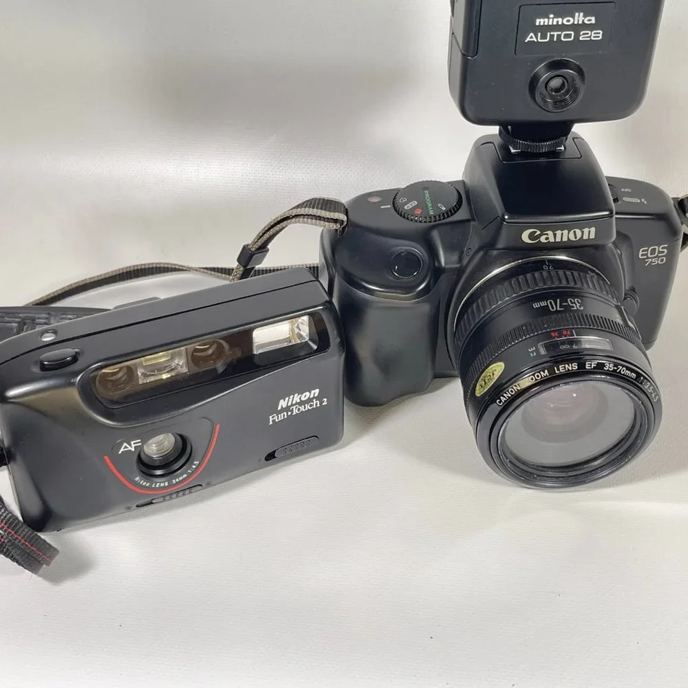 Canon E05 750 35mm camera and Nikon Fun touch 2 35mm camera